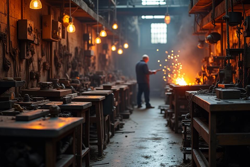 Atelier authentique de métallurgie avec forges et outils anciens et modernes