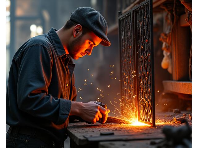 Un artisan ferronnier travaillant sur un portail métallique élégant et forgé avec des détails artistiques.