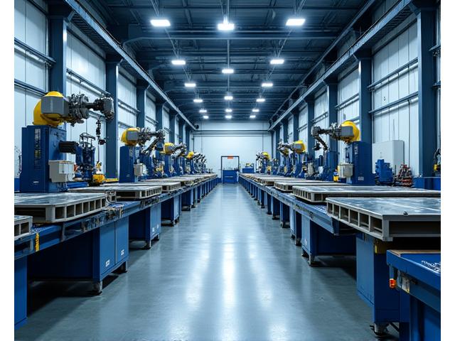 Vue d'un atelier moderne de production métallique avec des machines de précision et de l'acier structurel.