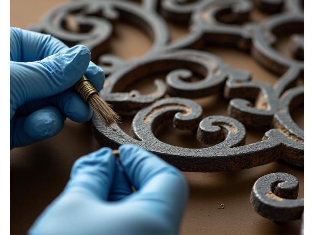 Détail d'une ancienne grille en fer forgé en cours de restauration, montrant le processus minutieux.